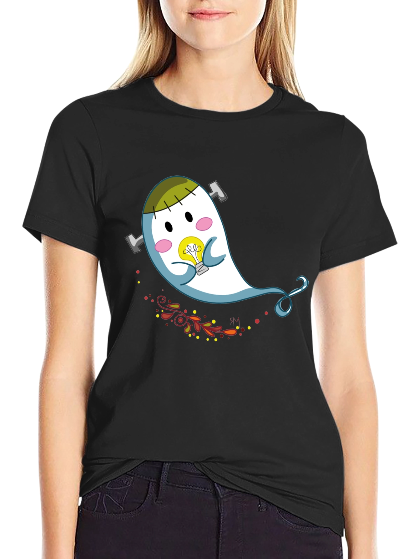 Cute Cartoon Ghost Graphic Tee - Black Cotton T-Shirt