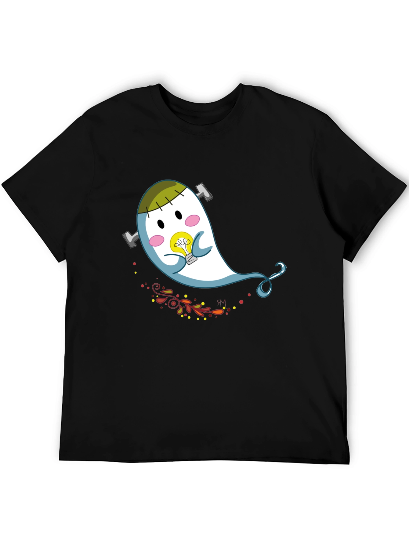 Cute Cartoon Ghost Graphic Tee - Black Cotton T-Shirt