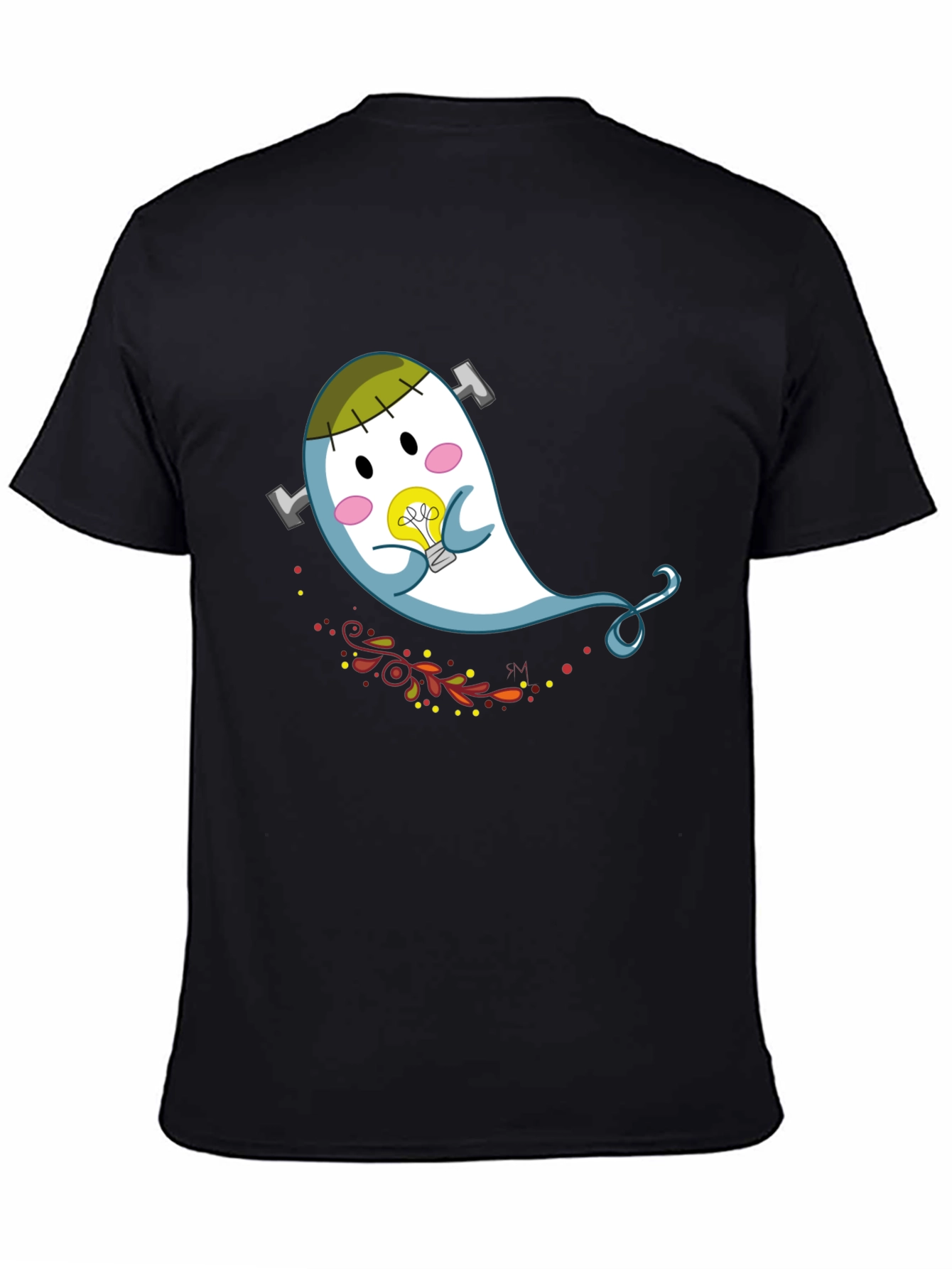 Cute Cartoon Ghost Graphic Tee - Black Cotton T-Shirt