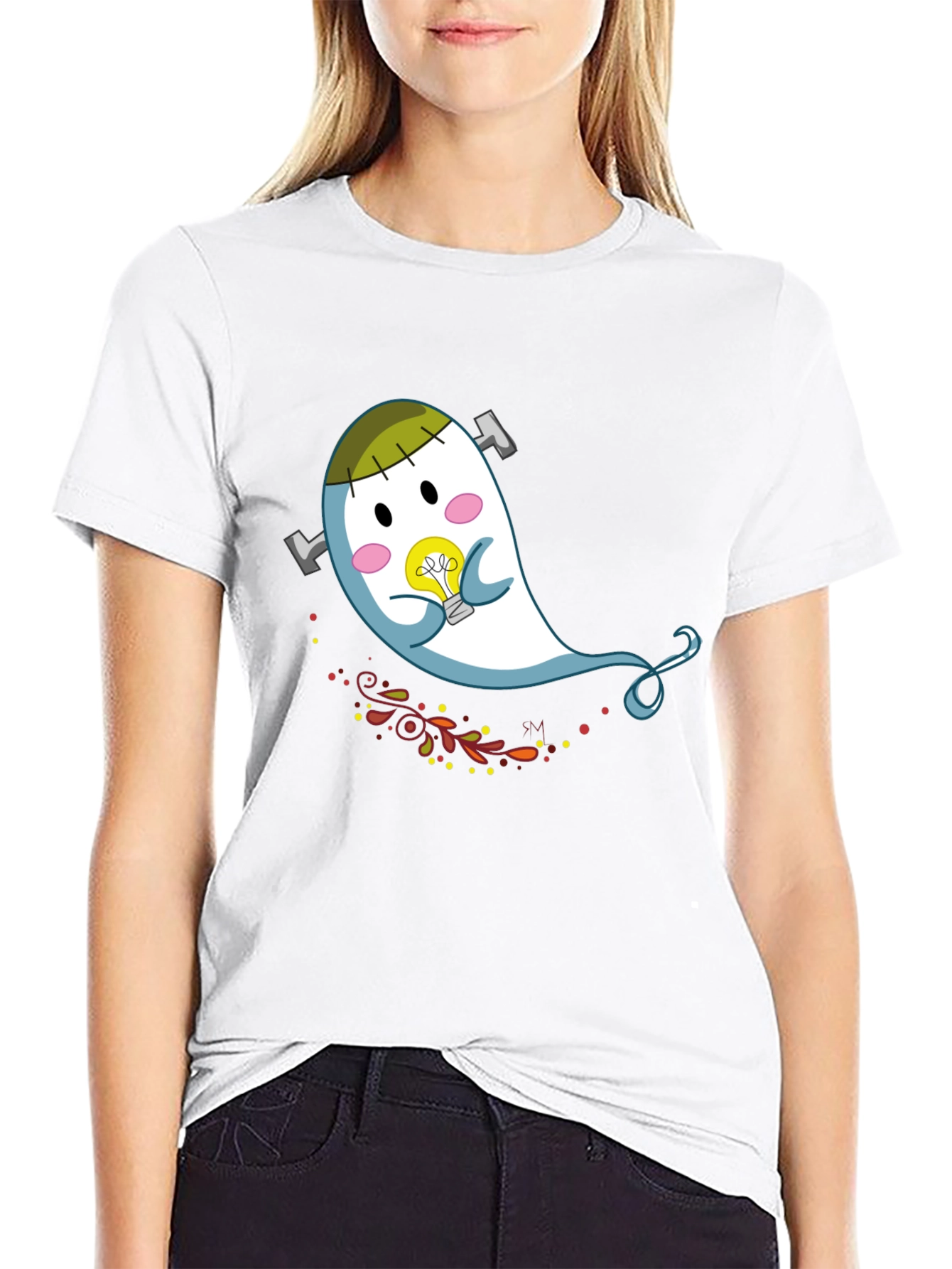 Cute Cartoon Ghost Graphic Tee - Black Cotton T-Shirt