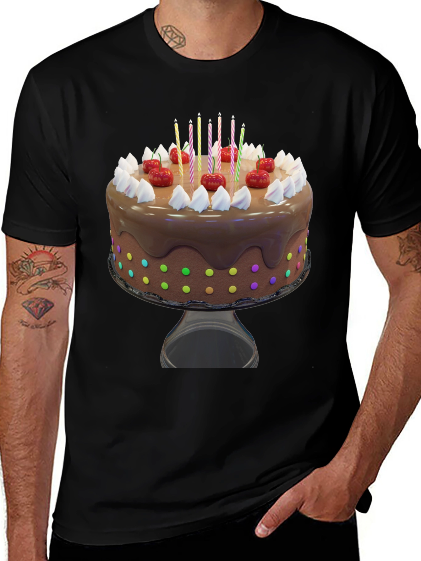 Birthday Cake Graphic Tee - Black Cotton T-Shirt