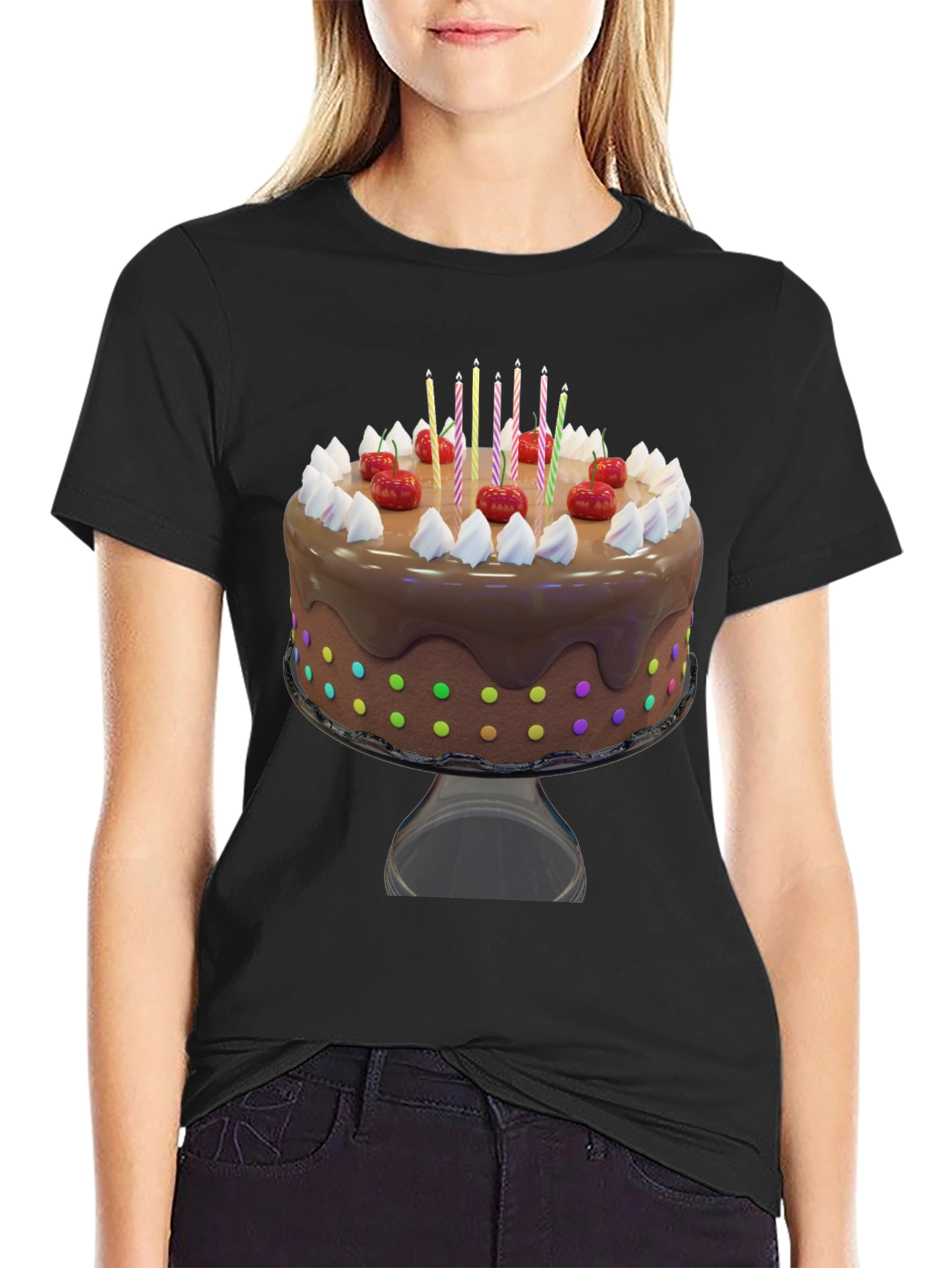 Birthday Cake Graphic Tee - Black Cotton T-Shirt