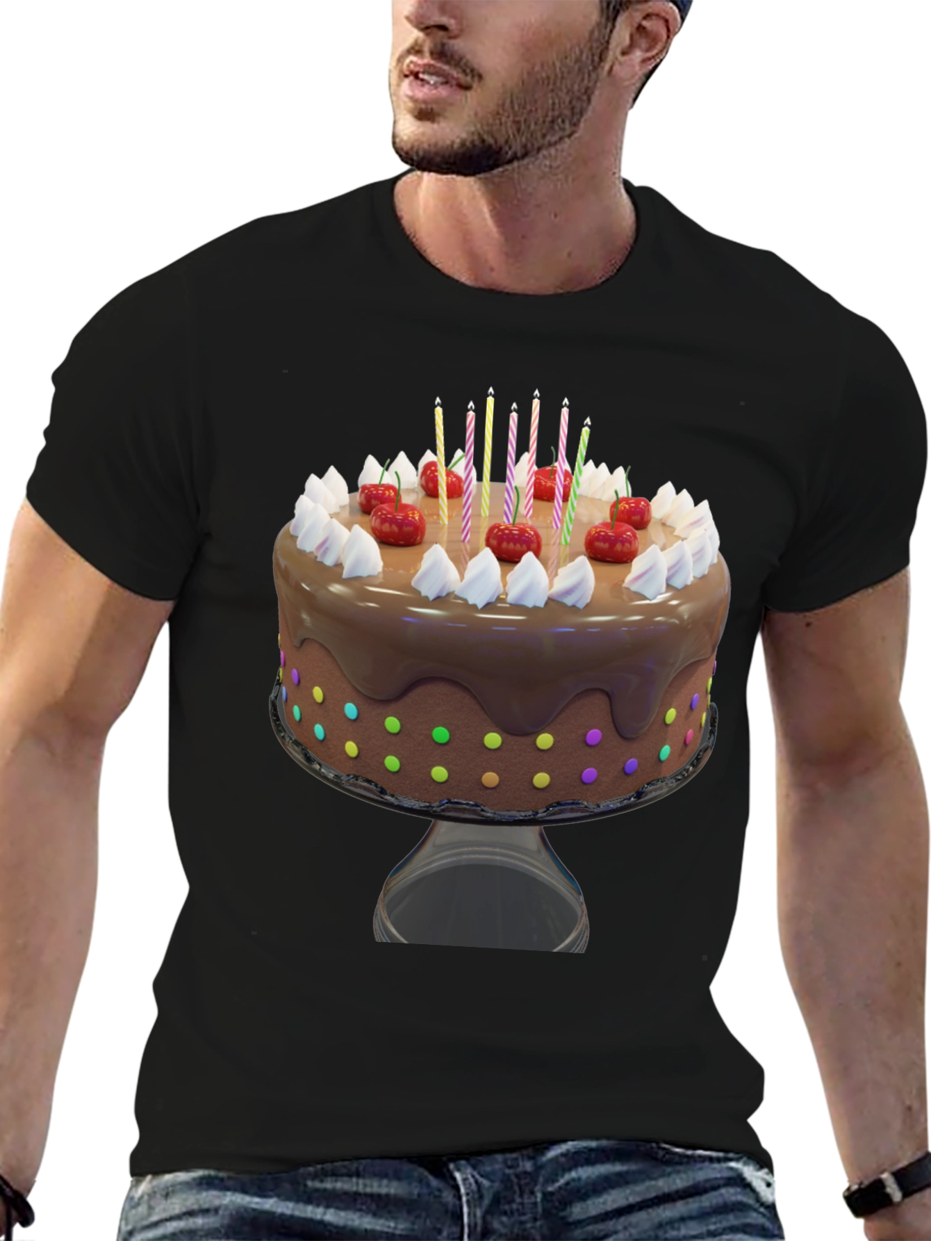Birthday Cake Graphic Tee - Black Cotton T-Shirt