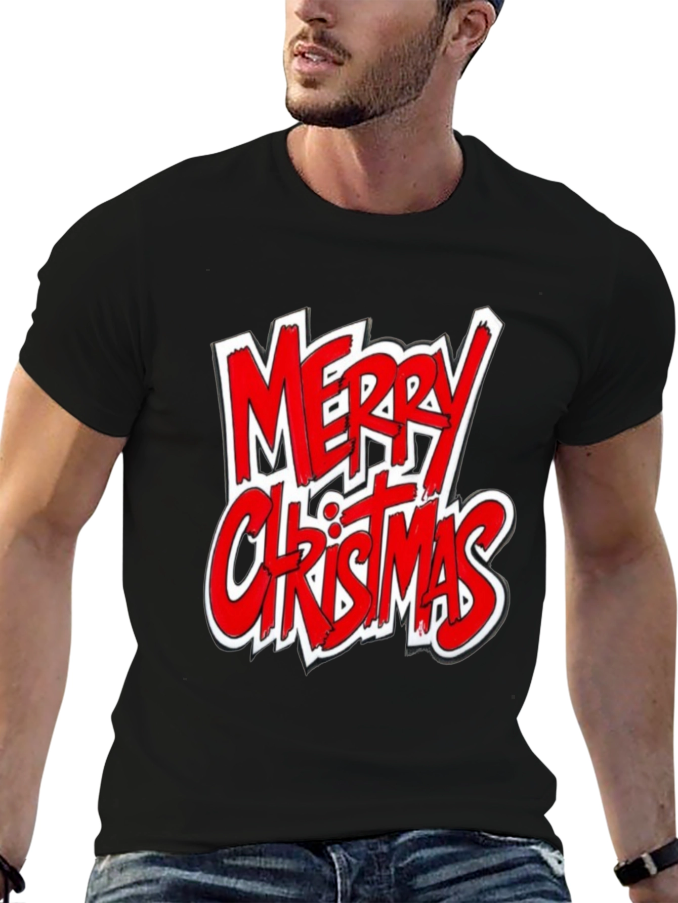 Merry Christmas Graphic Tee - Black Cotton Shirt