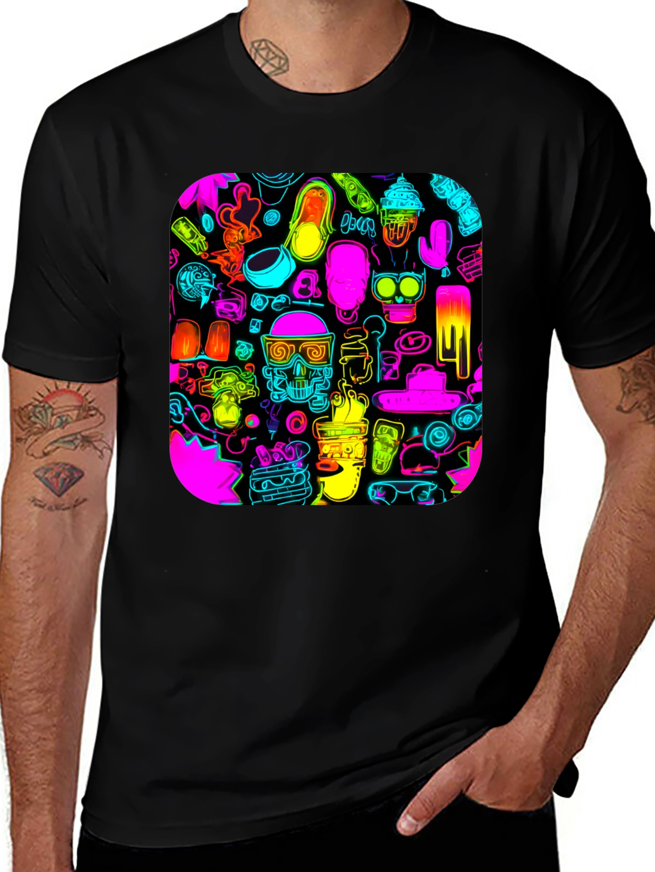 Neon Doodle Pattern Black T-Shirt
