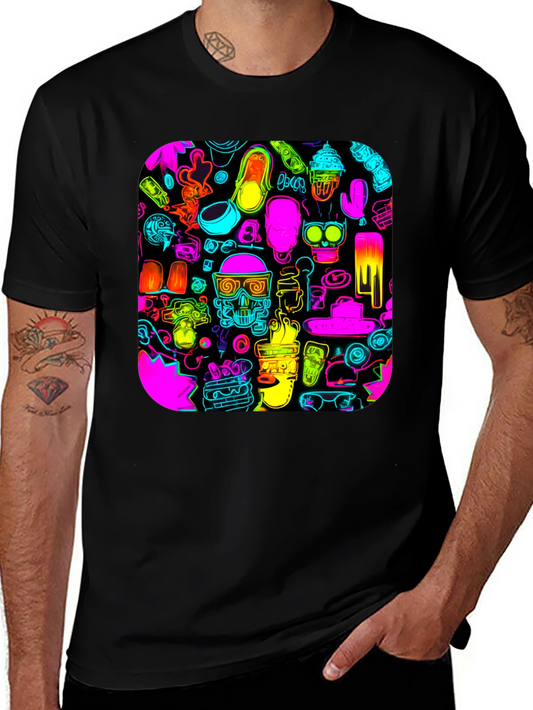 Neon Doodle Pattern Black T-Shirt