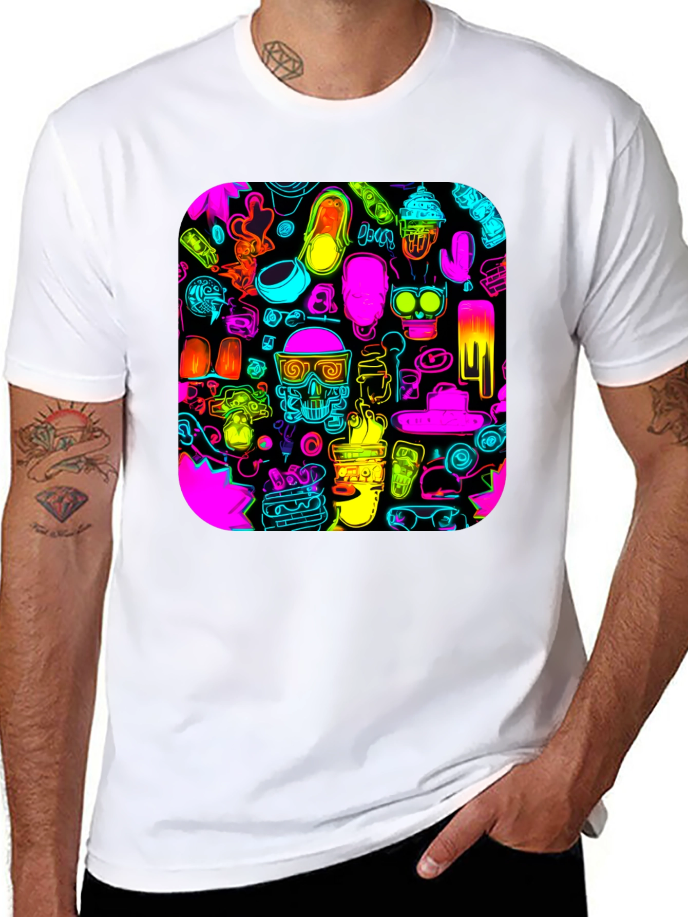 Neon Doodle Pattern Black T-Shirt