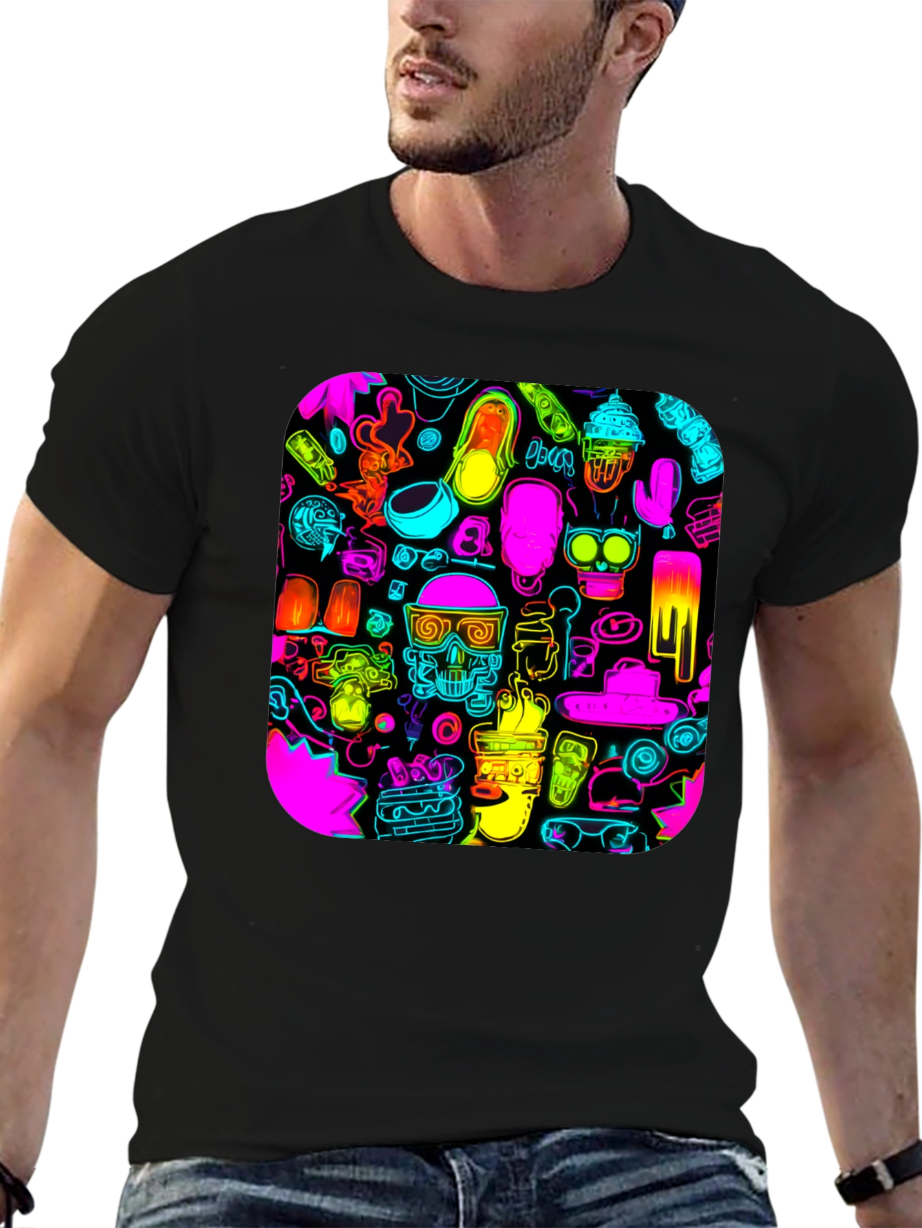 Neon Doodle Pattern Black T-Shirt