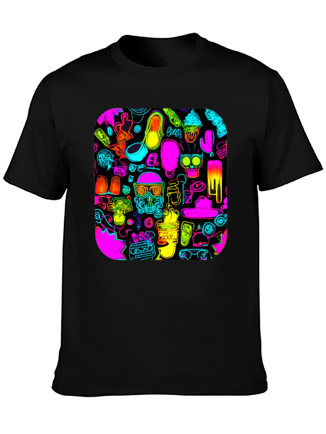 Neon Doodle Pattern Black T-Shirt
