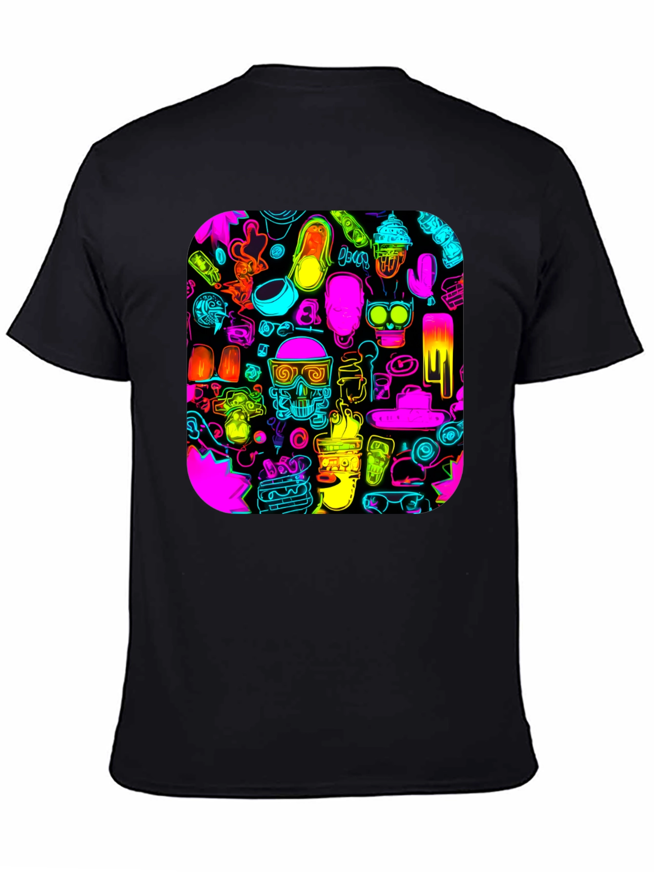 Neon Doodle Pattern Black T-Shirt