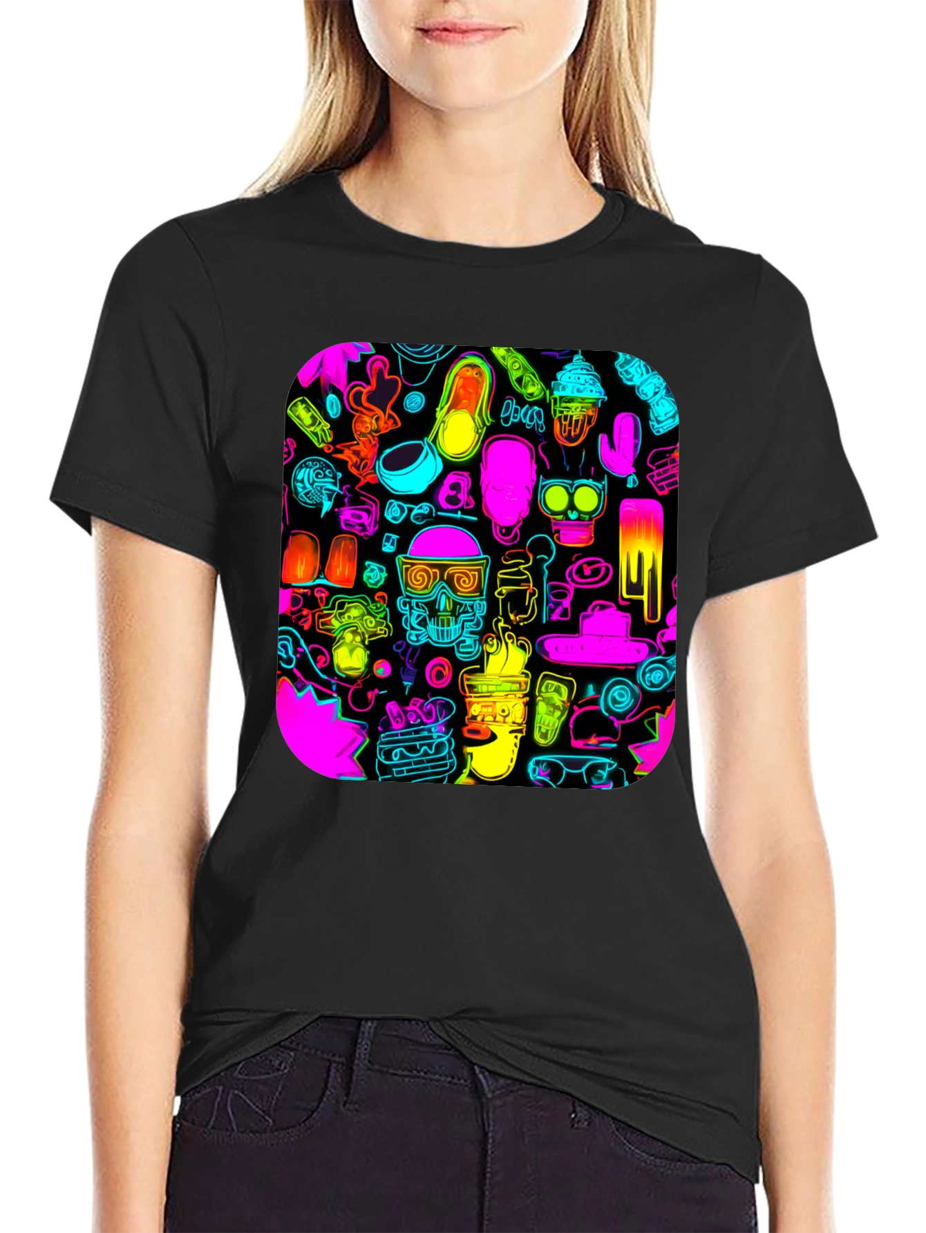 Neon Doodle Pattern Black T-Shirt