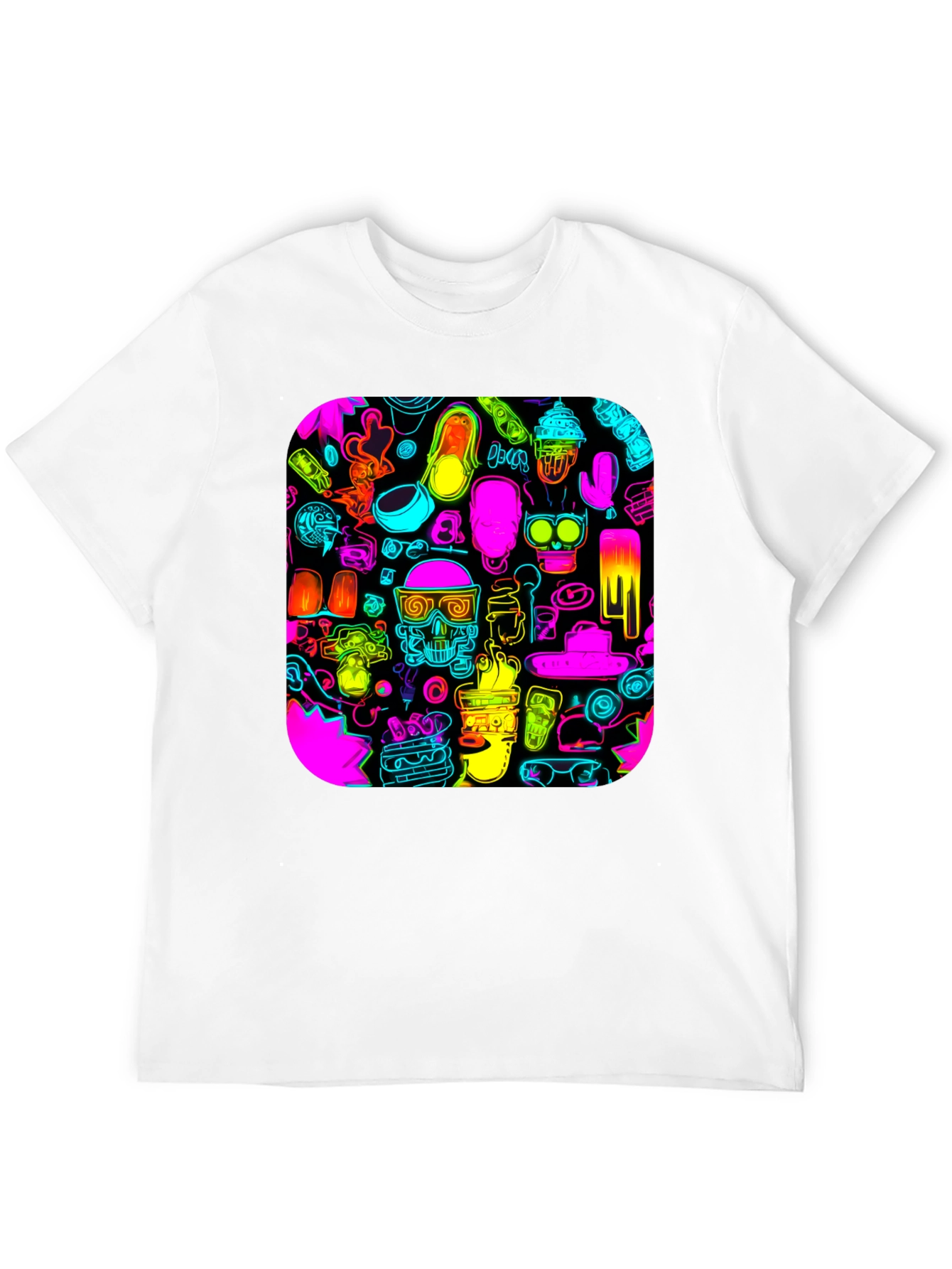 Neon Doodle Pattern Black T-Shirt