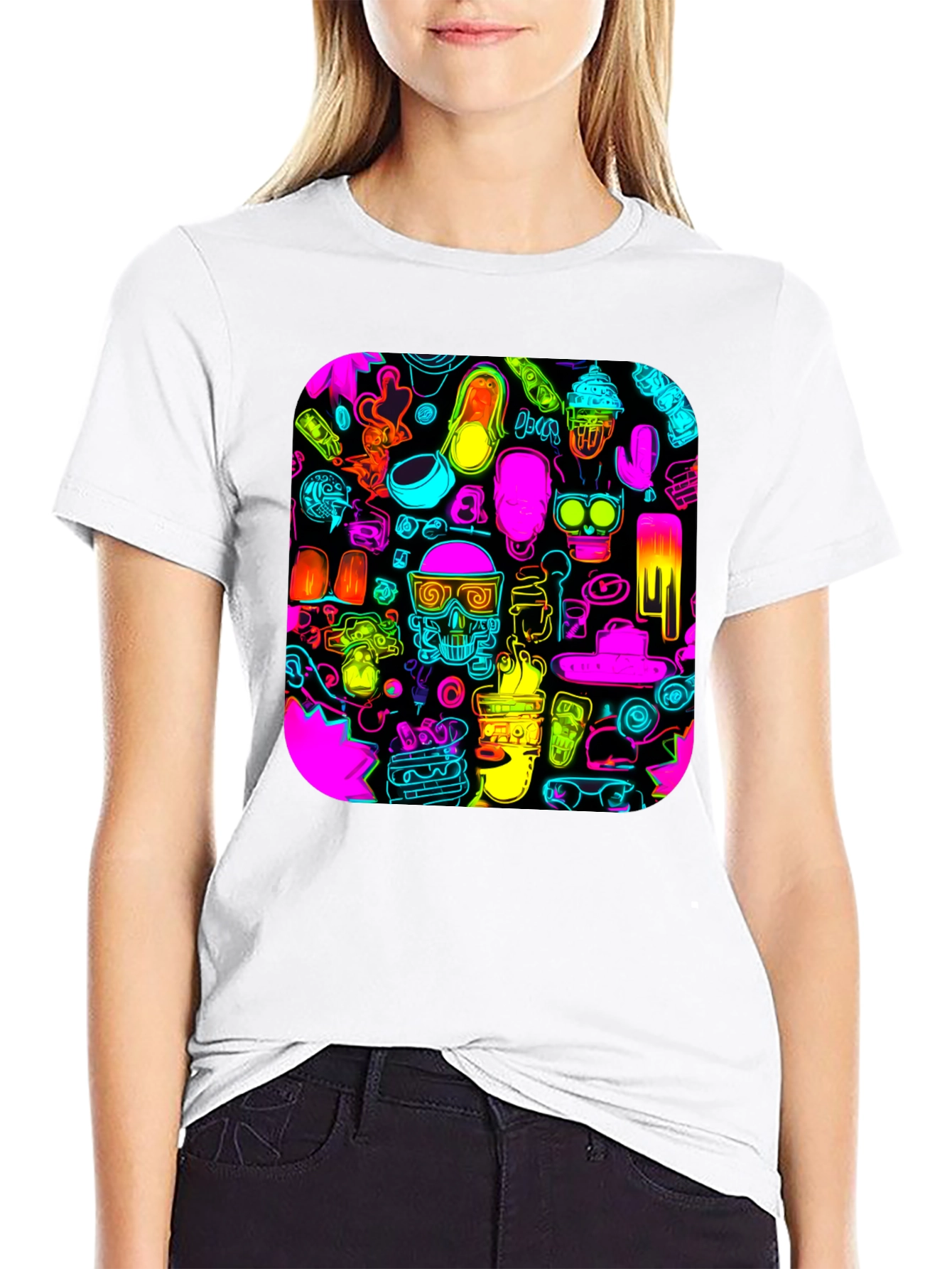 Neon Doodle Pattern Black T-Shirt