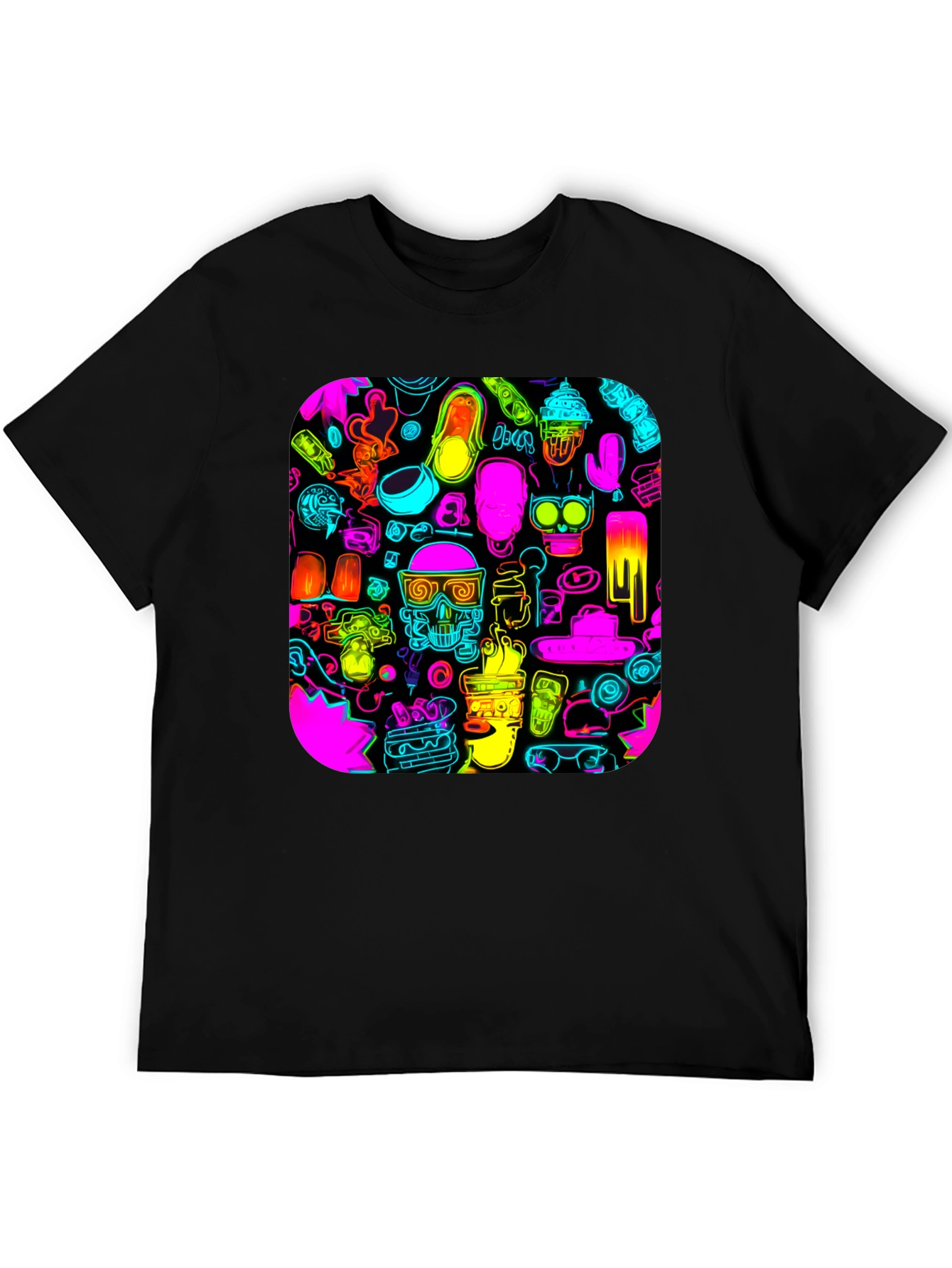 Neon Doodle Pattern Black T-Shirt