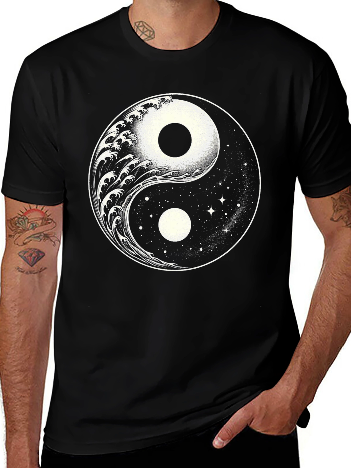 Yin Yang Wave & Stars Graphic T-Shirt - Black