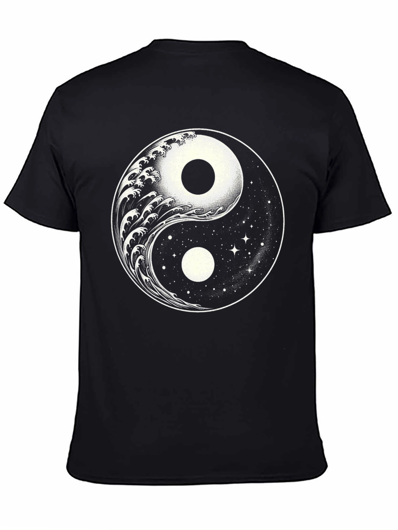 Yin Yang Wave & Stars Graphic T-Shirt - Black