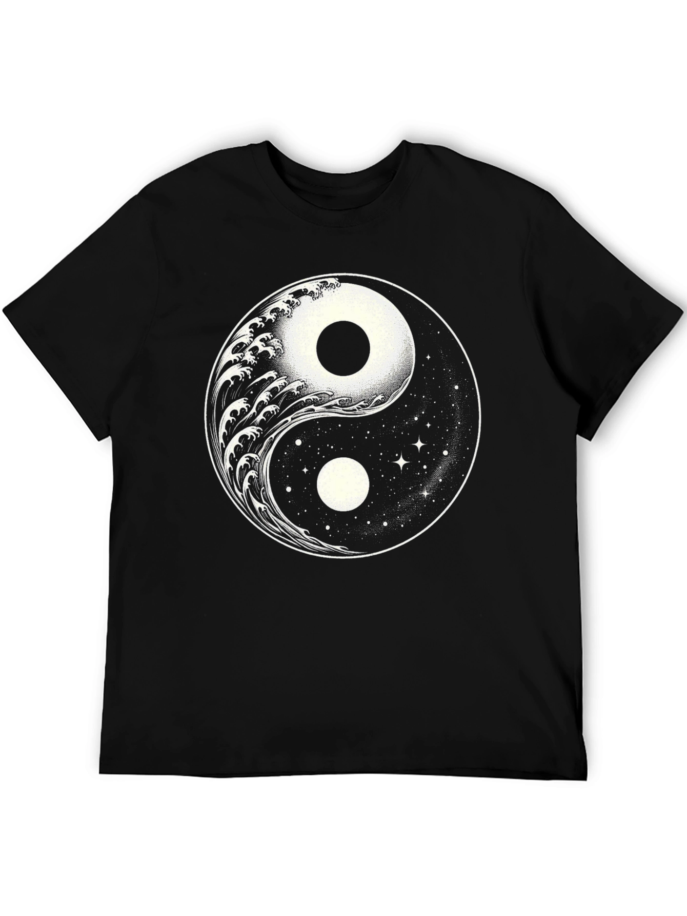 Yin Yang Wave & Stars Graphic T-Shirt - Black