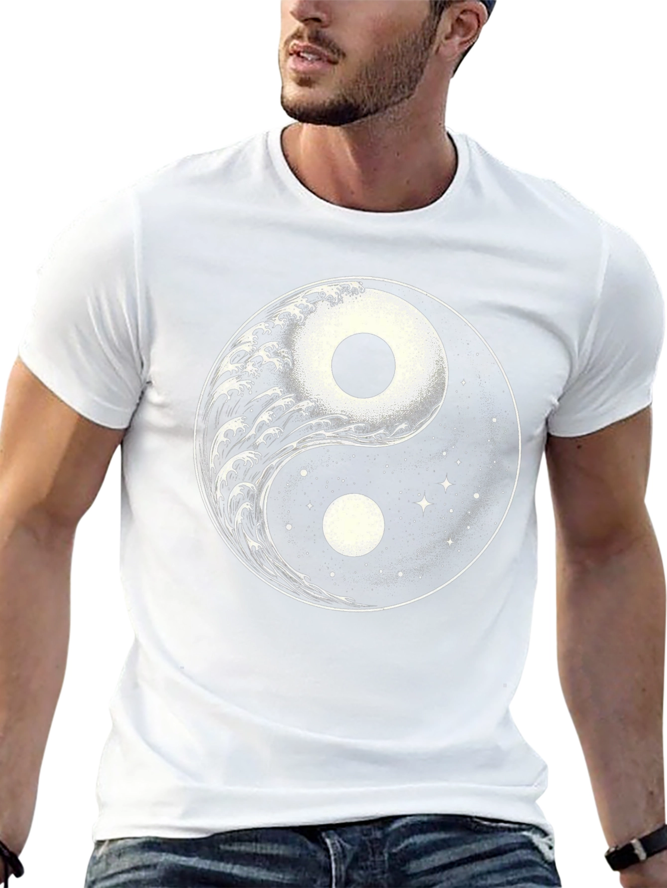 Yin Yang Wave & Stars Graphic T-Shirt - Black