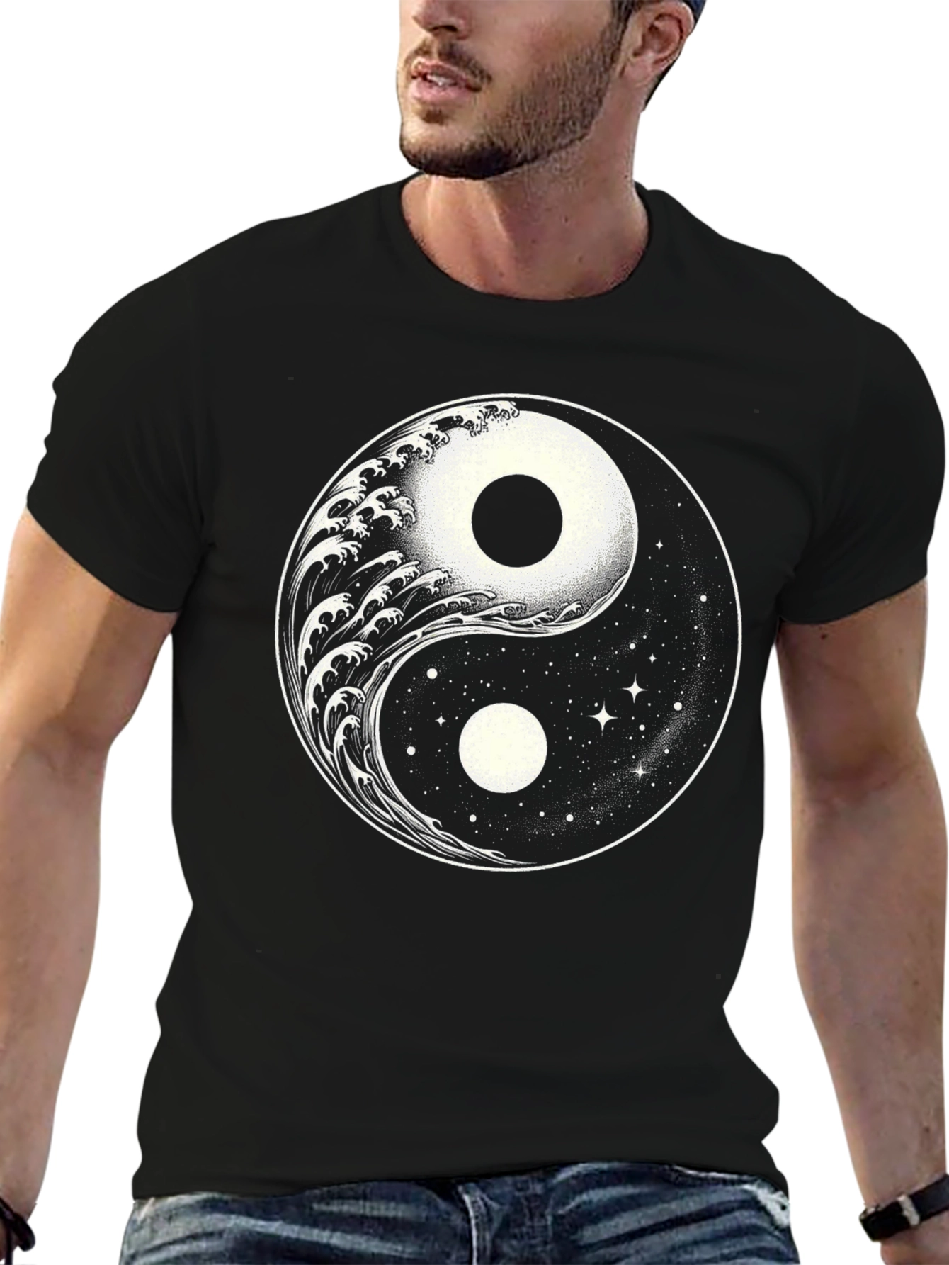 Yin Yang Wave & Stars Graphic T-Shirt - Black