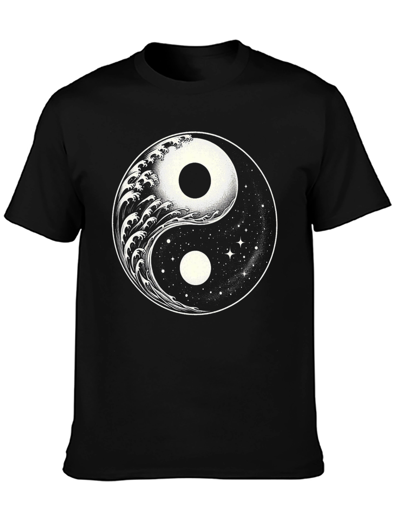 Yin Yang Wave & Stars Graphic T-Shirt - Black