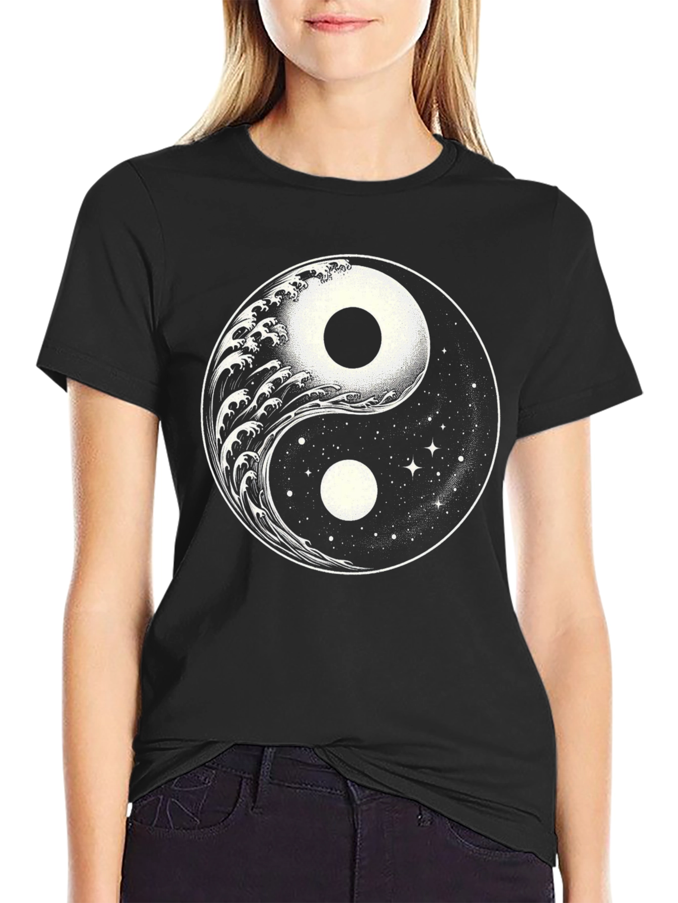 Yin Yang Wave & Stars Graphic T-Shirt - Black