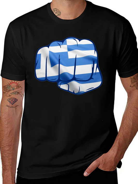 Greek Flag Fist Graphic Tee - Black Cotton Blend Shirt