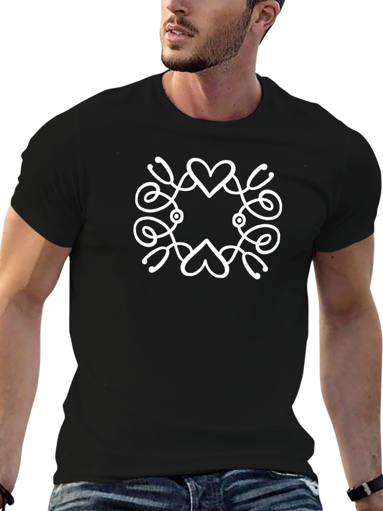 Heart & Stethoscope Graphic Tee - Black Cotton T-Shirt