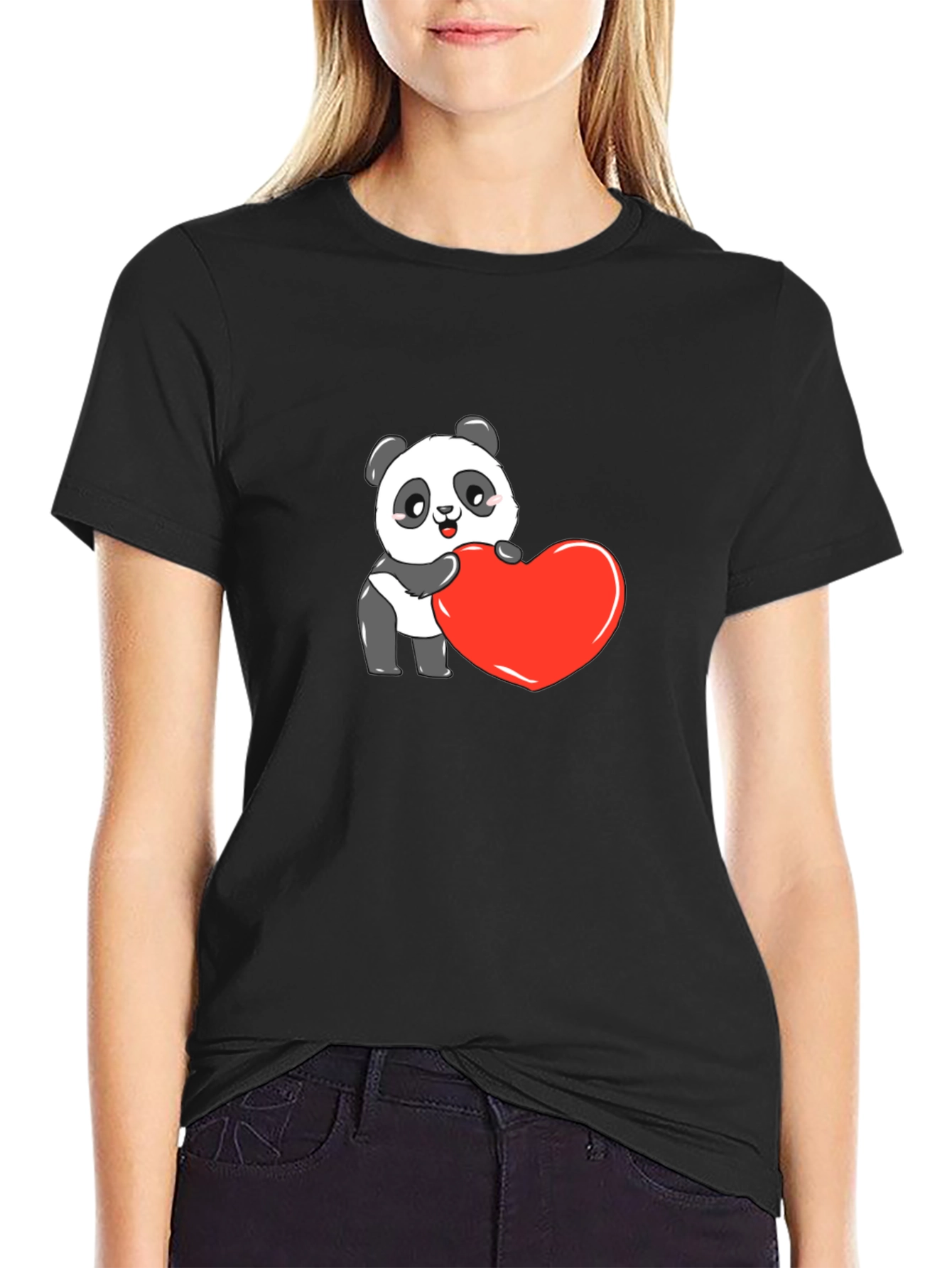 Cute Panda Heart Graphic Black Tee