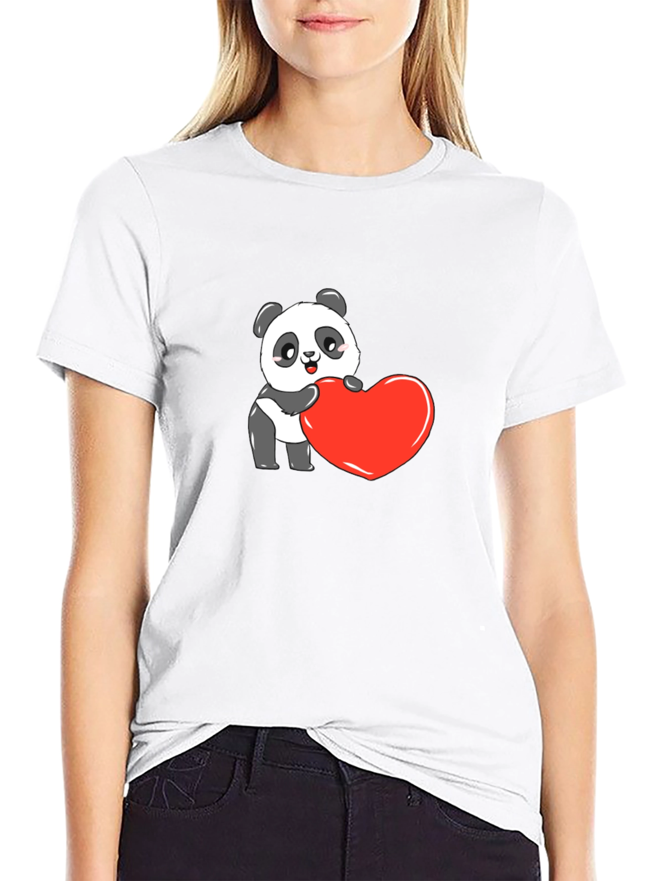 Cute Panda Heart Graphic Black Tee