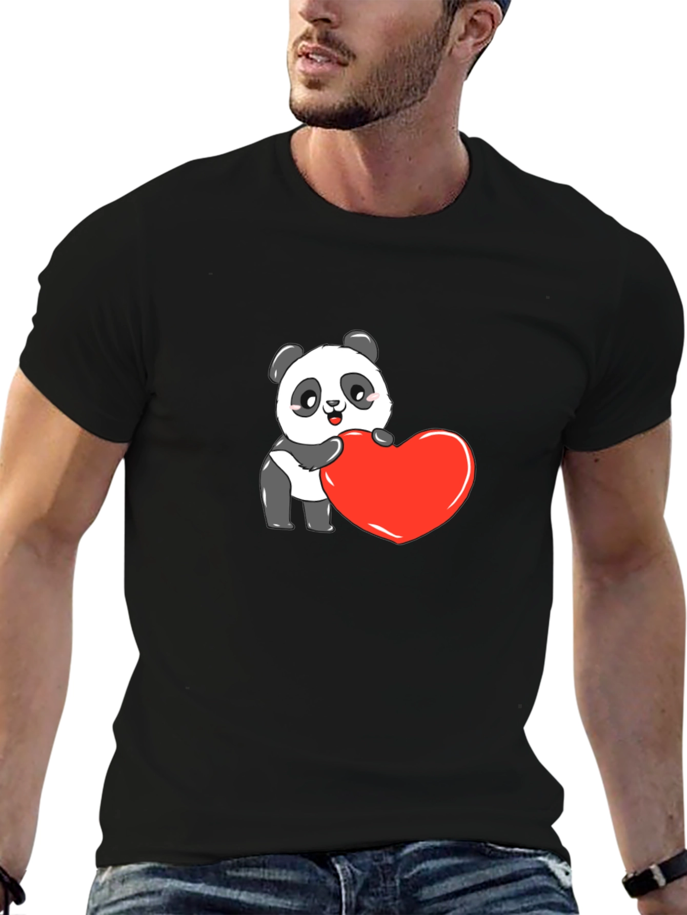 Cute Panda Heart Graphic Black Tee