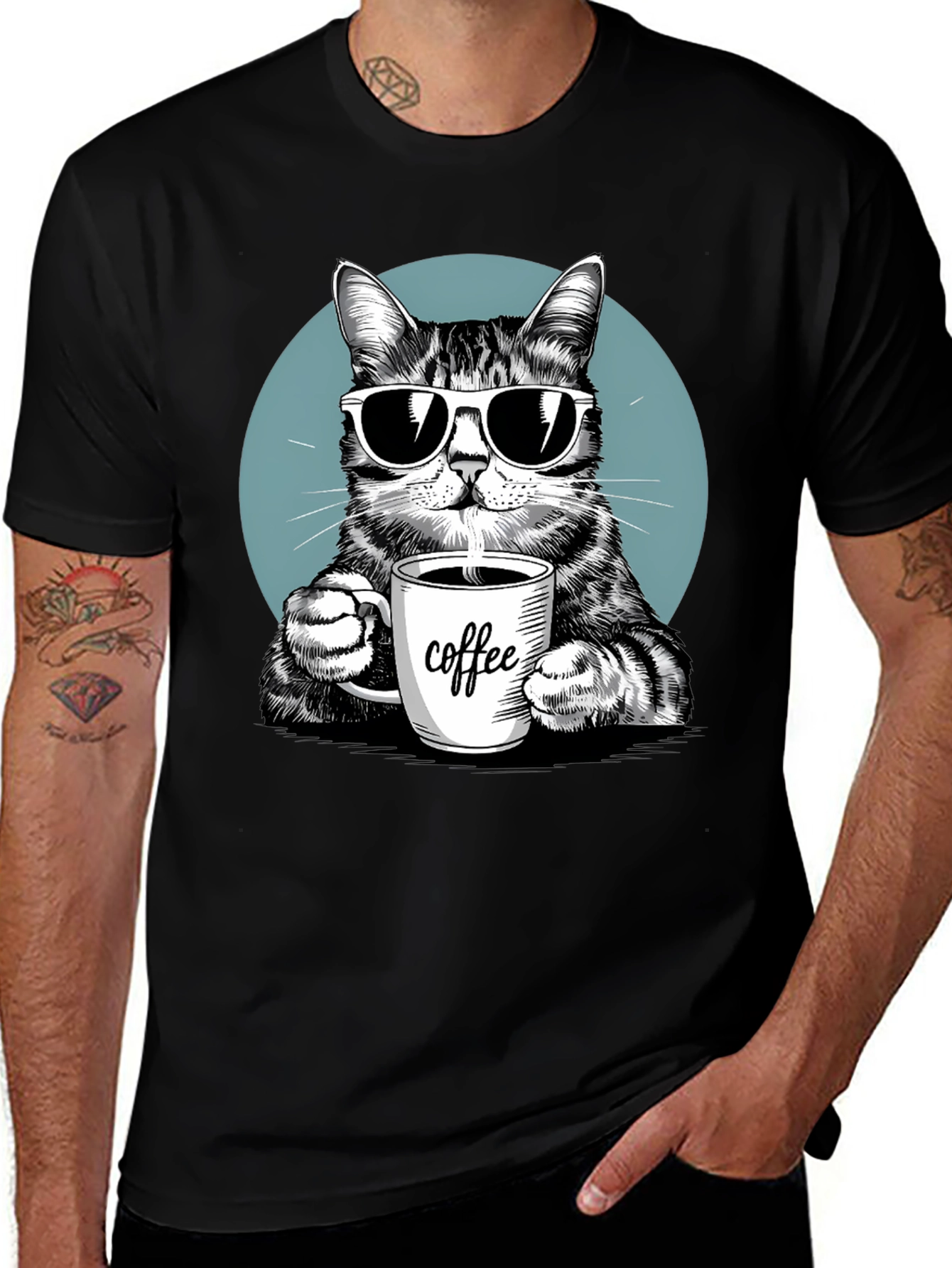 Cool Cat Coffee Lover Graphic T-Shirt
