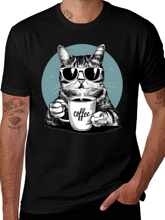 Cool Cat Coffee Lover Graphic T-Shirt