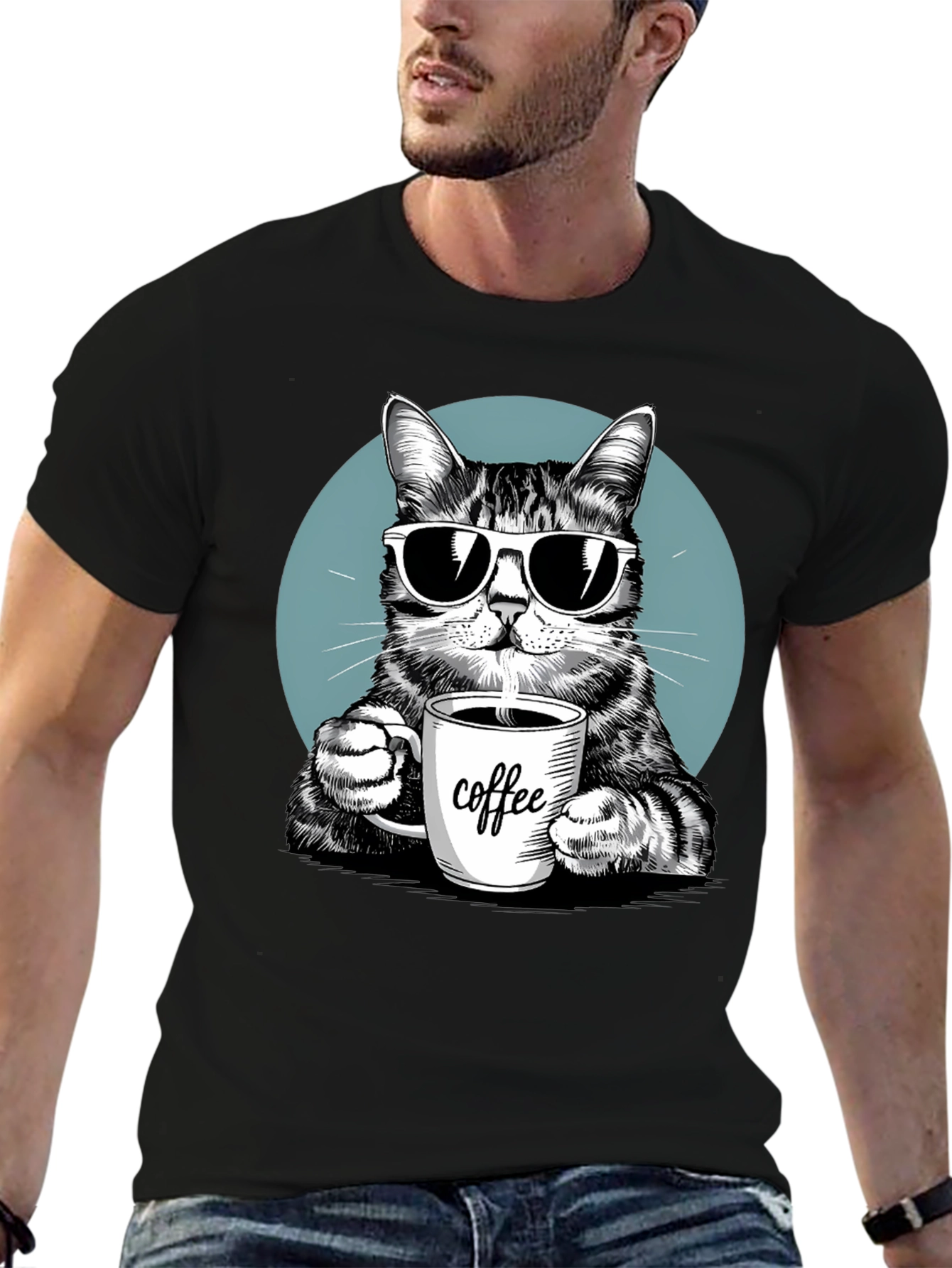 Cool Cat Coffee Lover Graphic T-Shirt