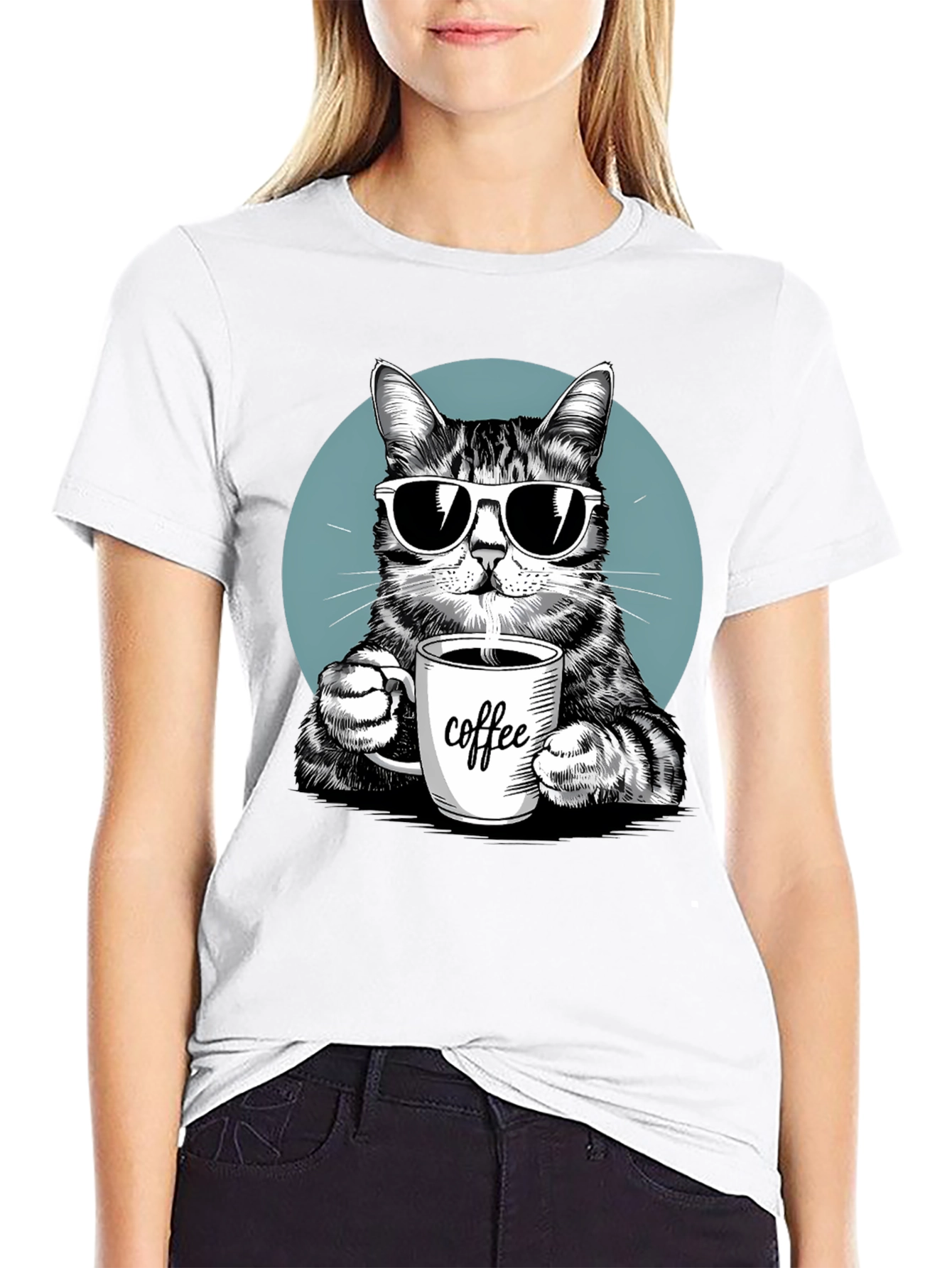 Cool Cat Coffee Lover Graphic T-Shirt