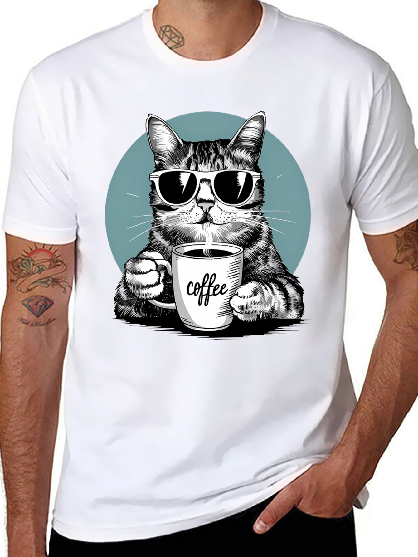 Cool Cat Coffee Lover Graphic T-Shirt