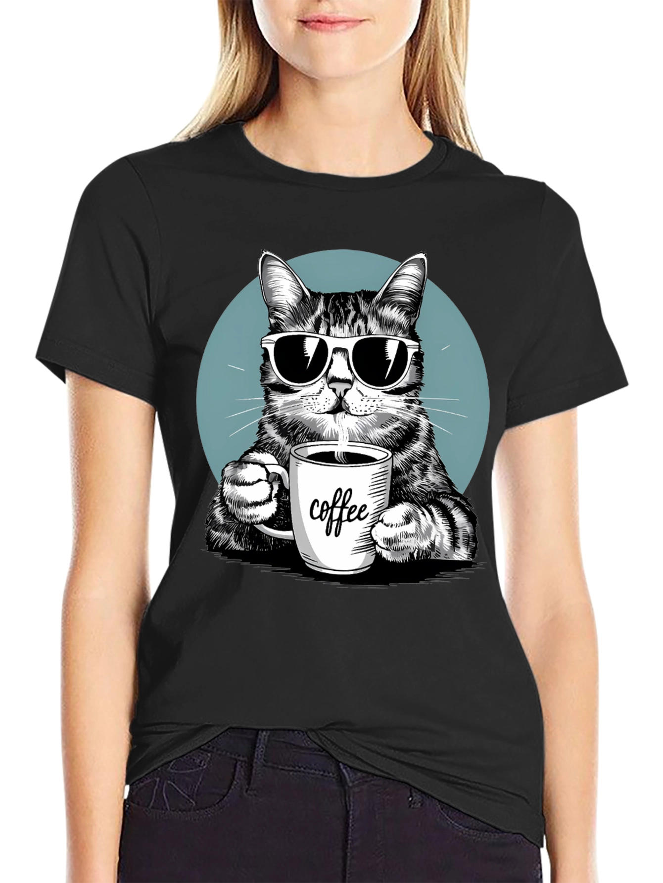 Cool Cat Coffee Lover Graphic T-Shirt