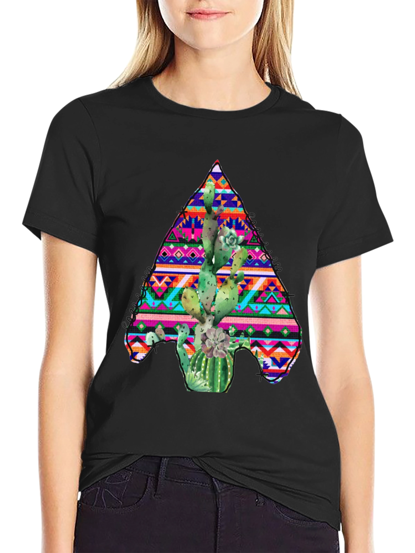 Cactus Aztec Print Black T-Shirt