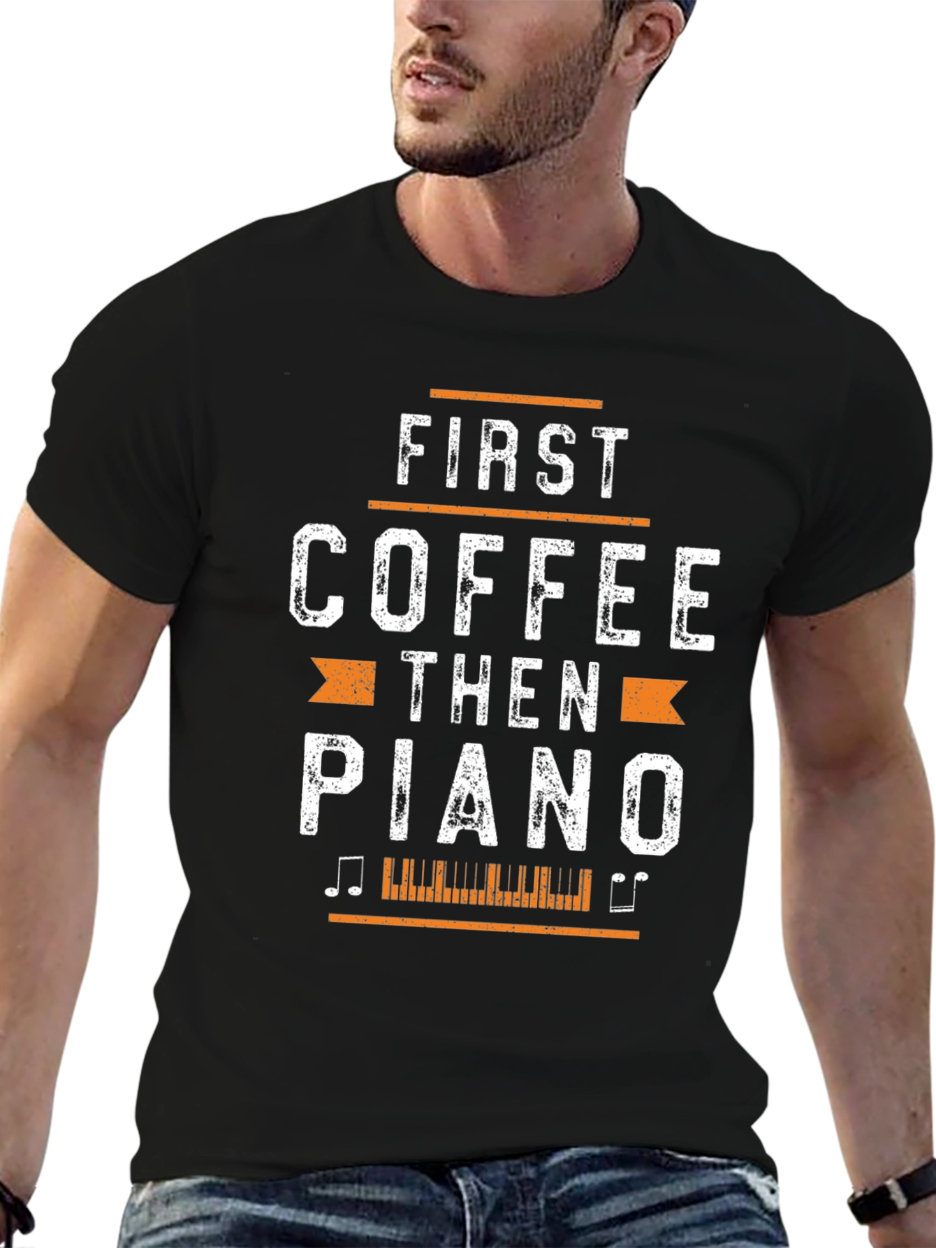 First Coffee Then Piano Black Graphic T-Shirt