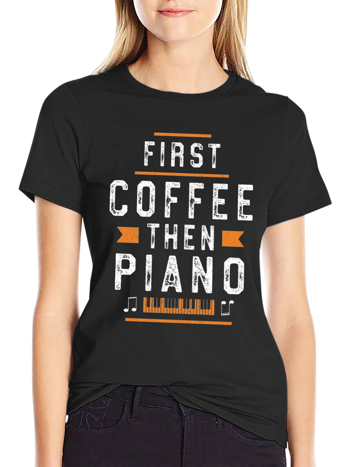 First Coffee Then Piano Black Graphic T-Shirt