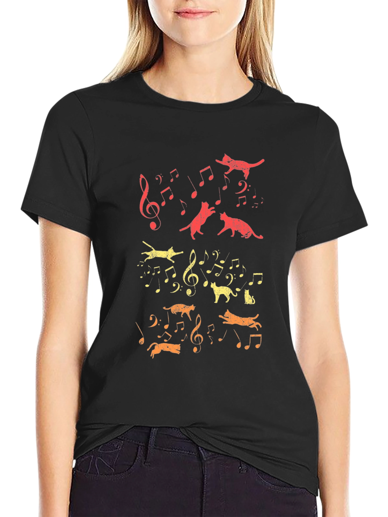 Cats & Music Notes Graphic T-Shirt