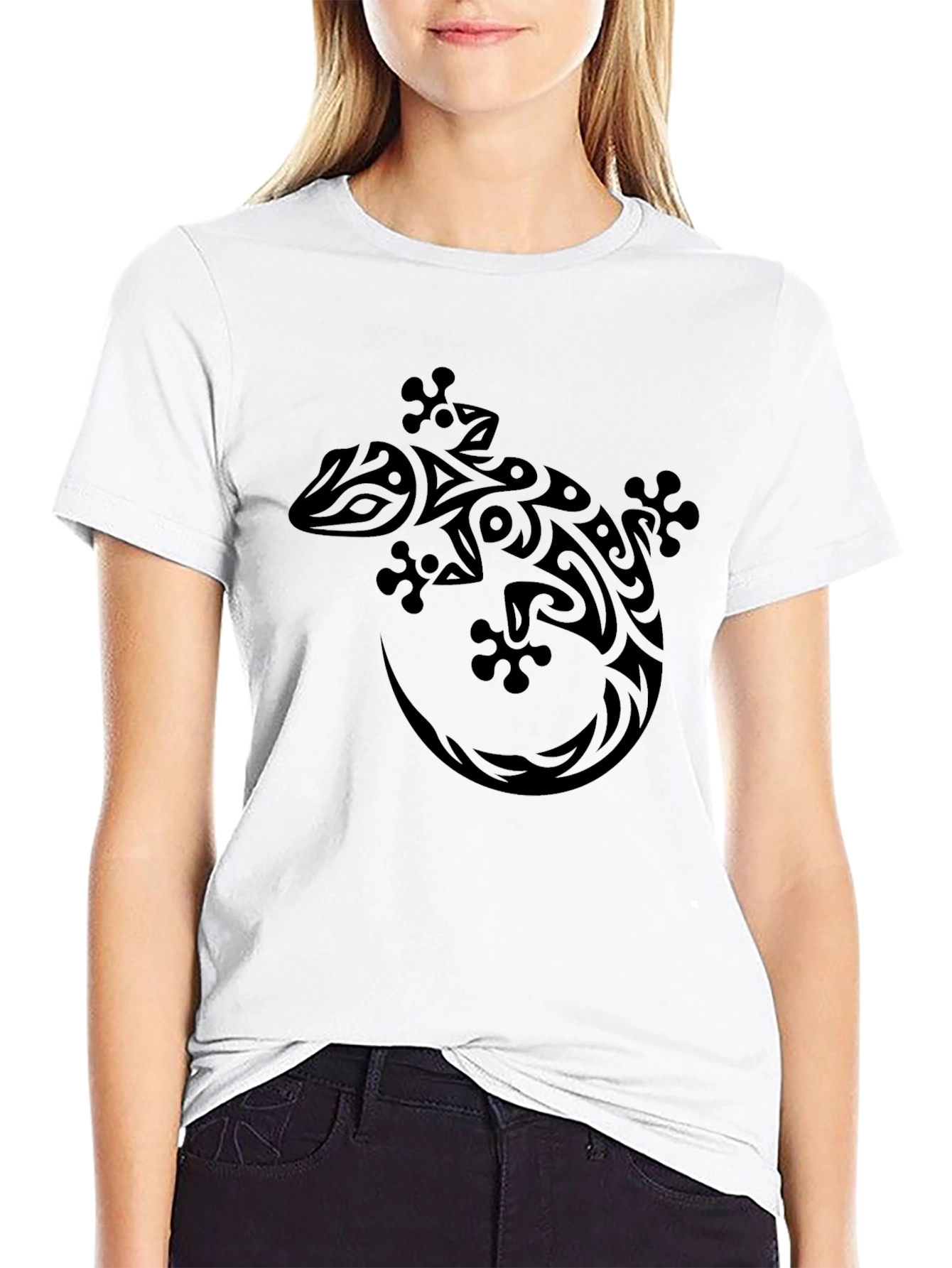 Tribal Gecko Graphic Print Black T-Shirt