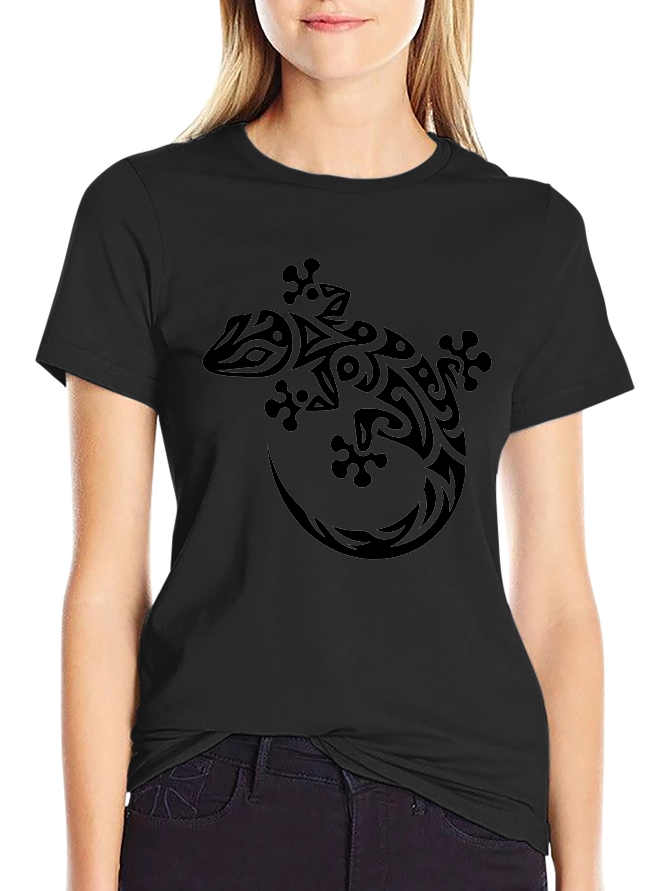 Tribal Gecko Graphic Print Black T-Shirt