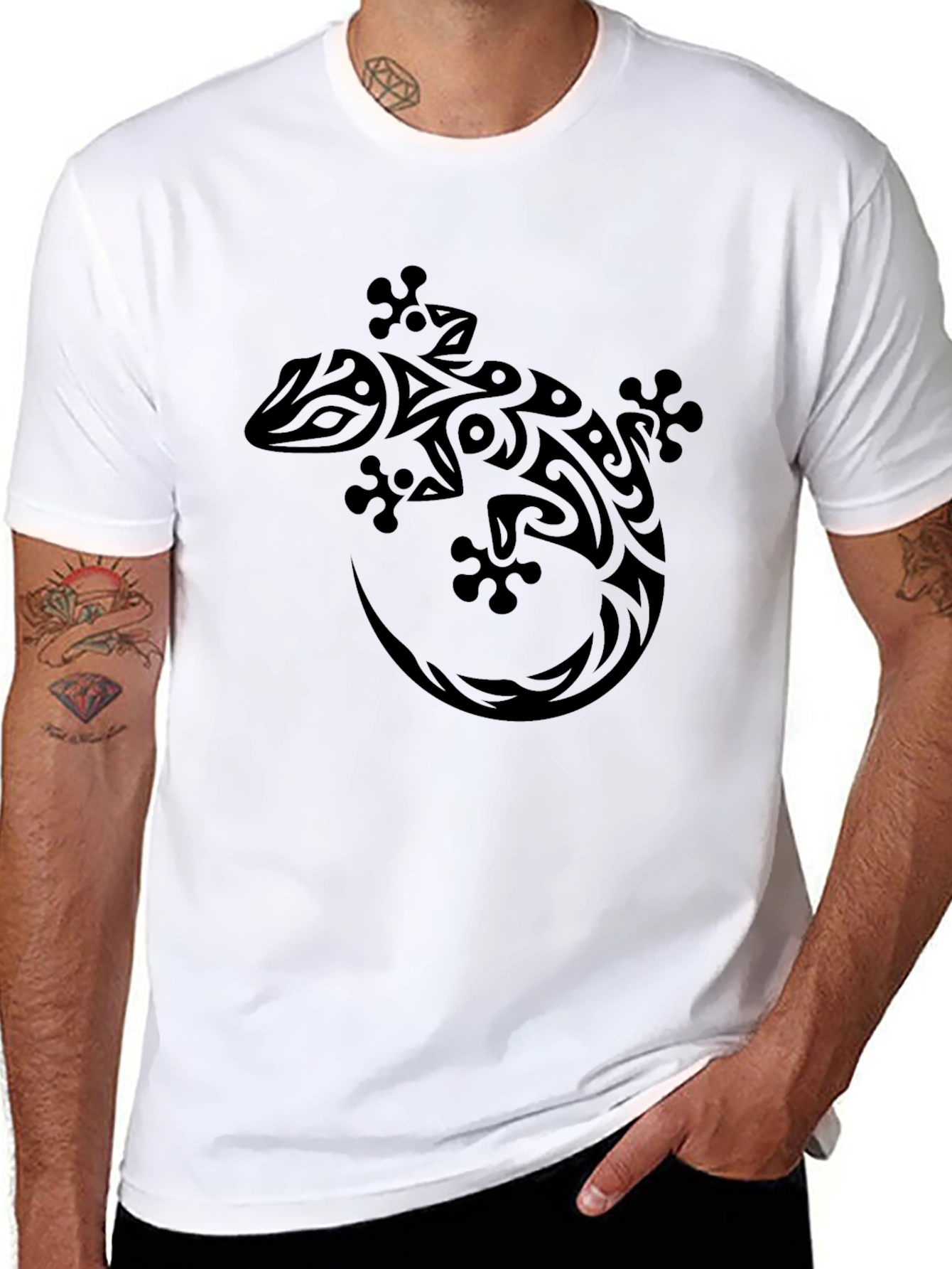 Tribal Gecko Graphic Print Black T-Shirt
