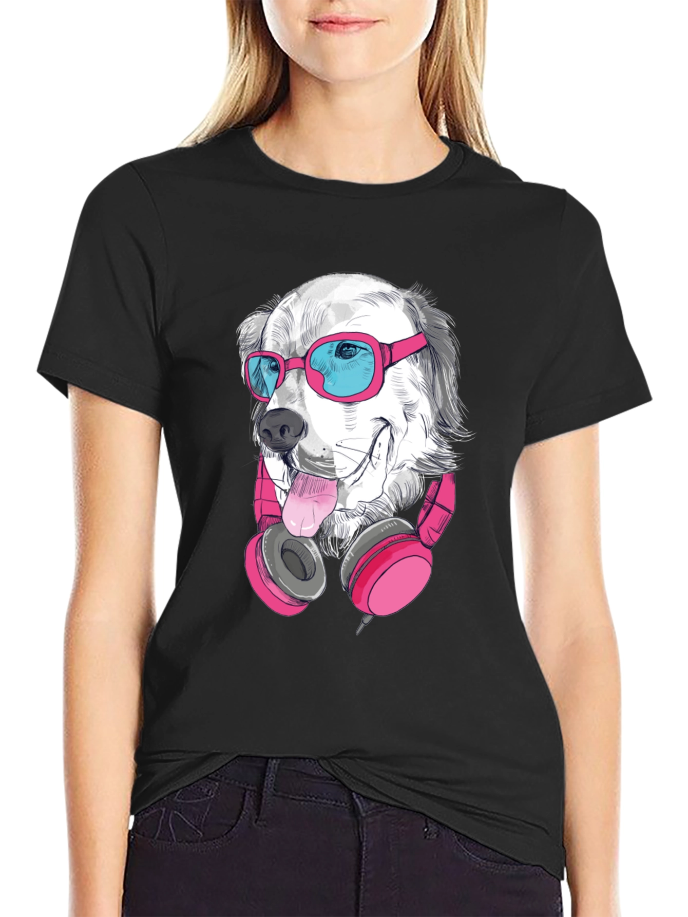 Dog with Sunglasses Graphic Tee - Black