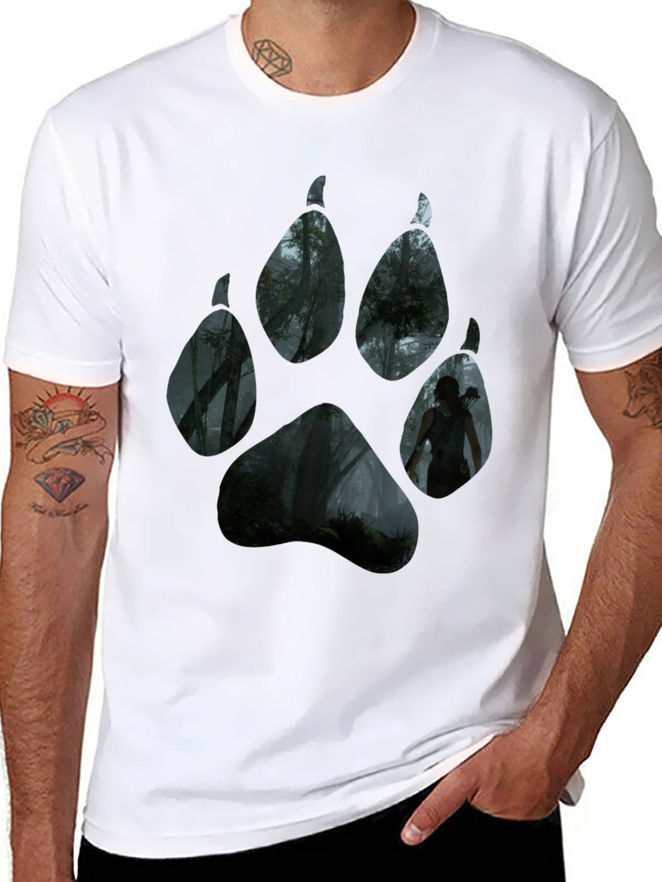 Nature Wolf Paw Print Black T-Shirt