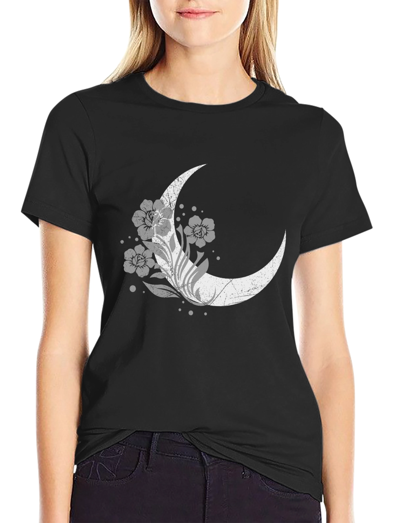 Floral Moon Graphic Tee - Black Cotton Blend
