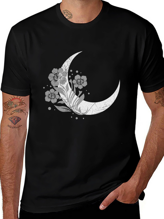 Floral Moon Graphic Tee - Black Cotton Blend