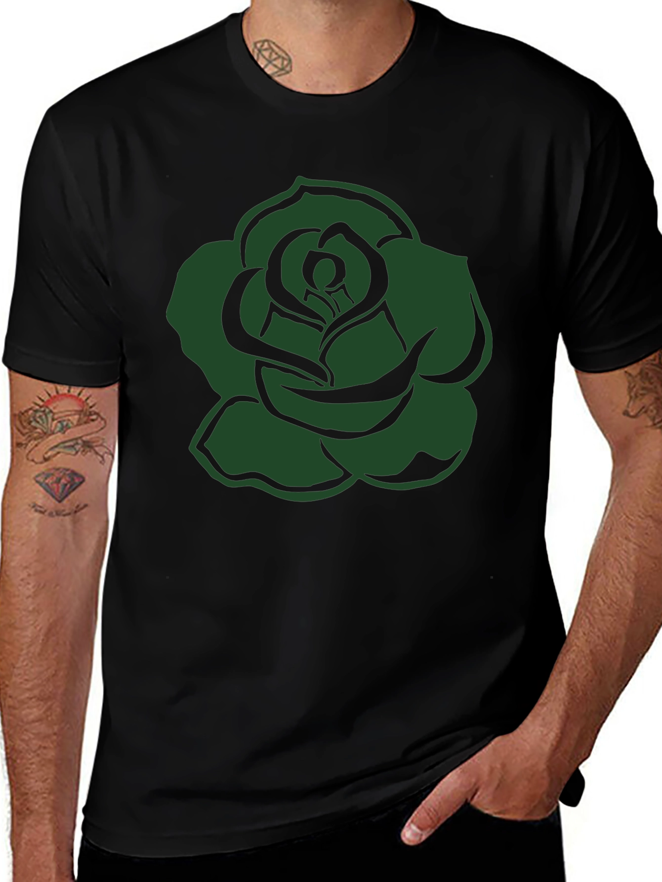 Black T-Shirt with Green Rose Graphic