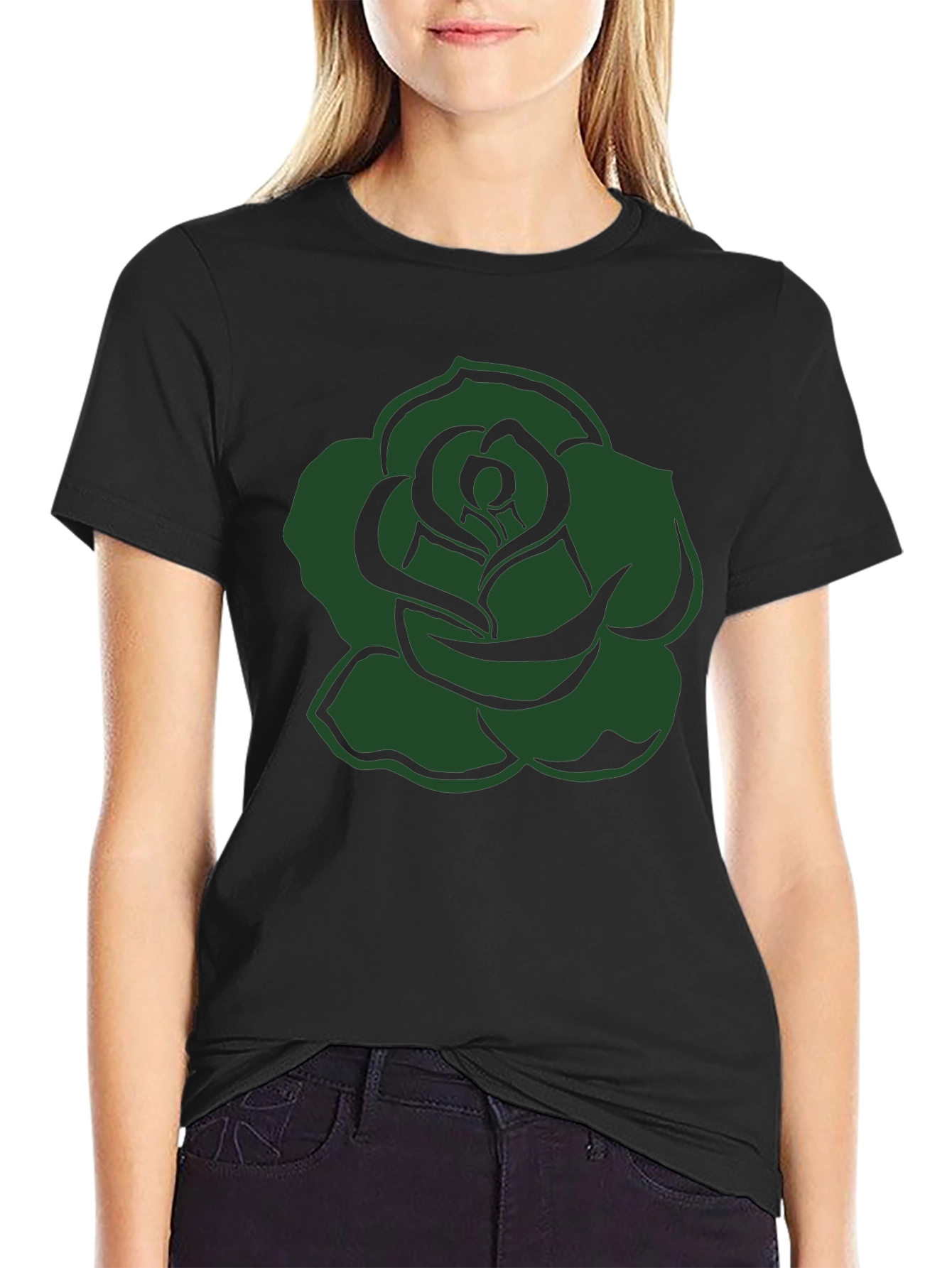 Black T-Shirt with Green Rose Graphic