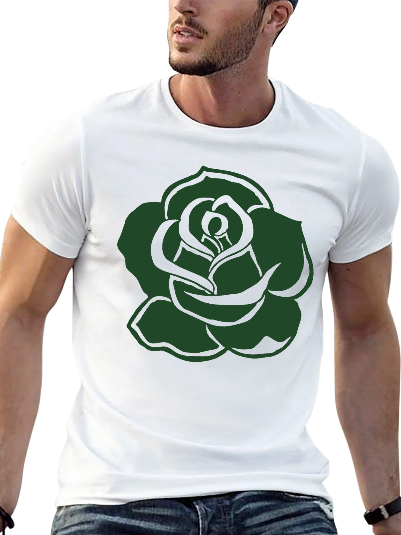 Black T-Shirt with Green Rose Graphic